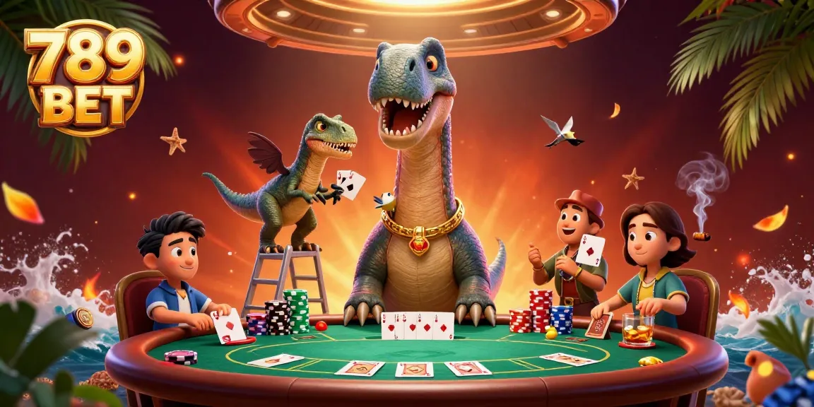 Participate in exciting poker games at 789 BET, featuring vibrant casino elements and thrilling characters.