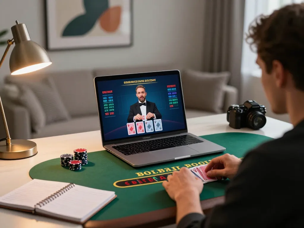 Engaged player strategically using CM88 platform for live blackjack game at home.