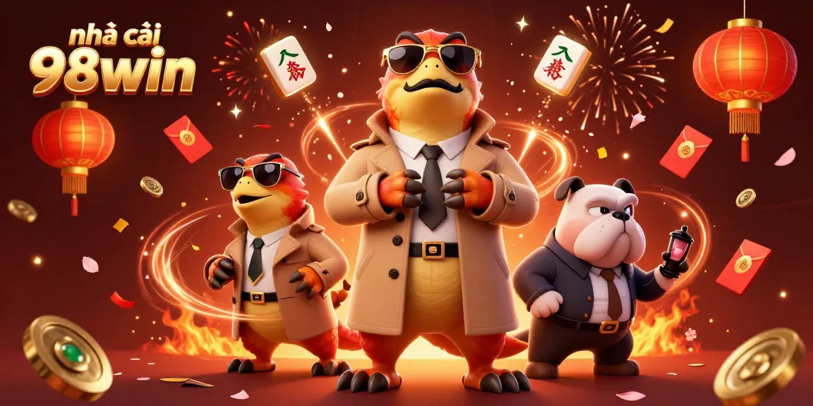 Experience the excitement of nhà cái 98win with festive casino elements and animated characters.