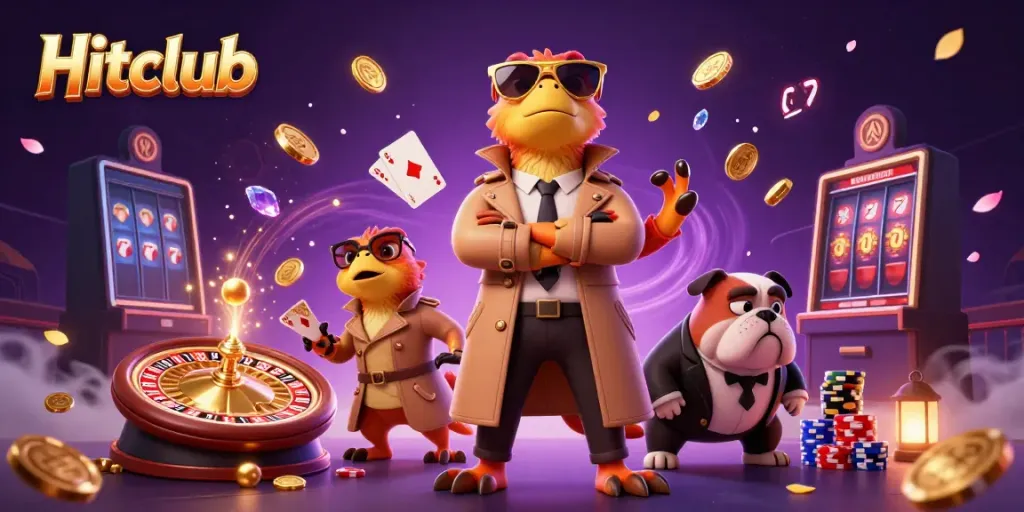 Hitclub raptors sneak into a casino while gold coins and gems scatter around in a vibrant atmosphere.