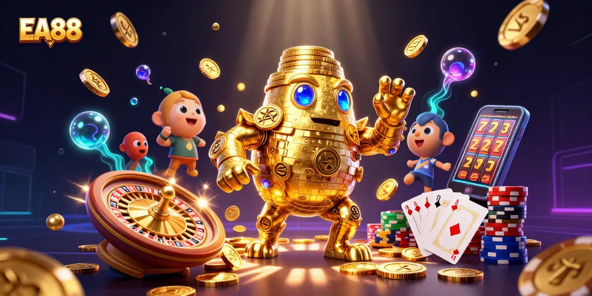 EA88 enhances the gaming experience with a vibrant golden golem and dynamic casino elements.