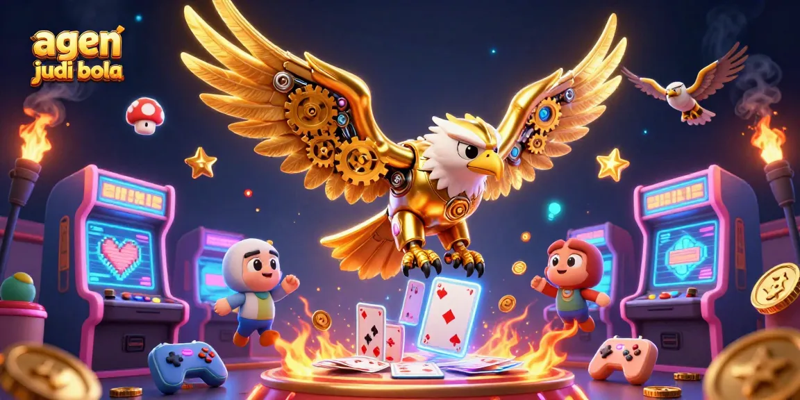 Experience thrilling gameplay at agen judi bola with a captivating 3D illustration of a golden eagle diving through playing cards.