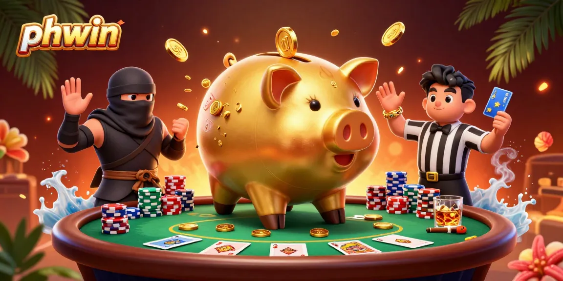 Experience dynamic gameplay at PHWIN with a golden piggy bank sumo wrestler in action, surrounded by poker elements.