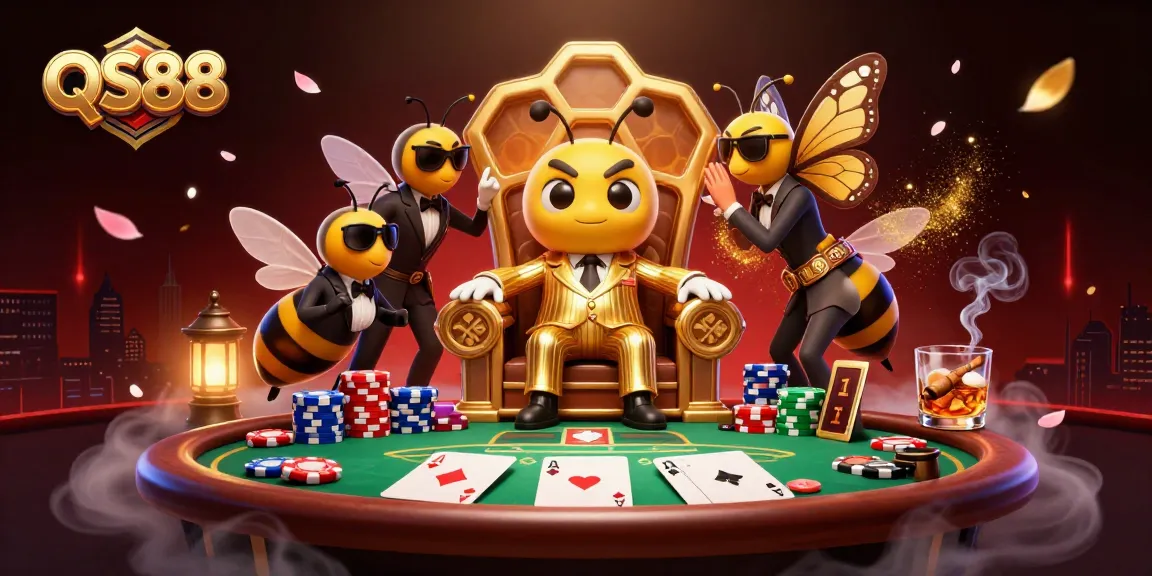Bet on winning strategies with QS88 at a vibrant poker table surrounded by characters