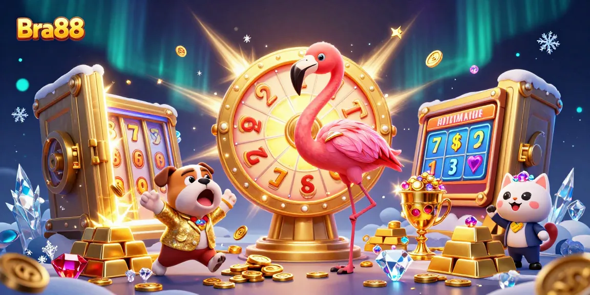 Experience the excitement of Bra88 with a vibrant scene featuring a golden prize wheel and thrilling casino elements.