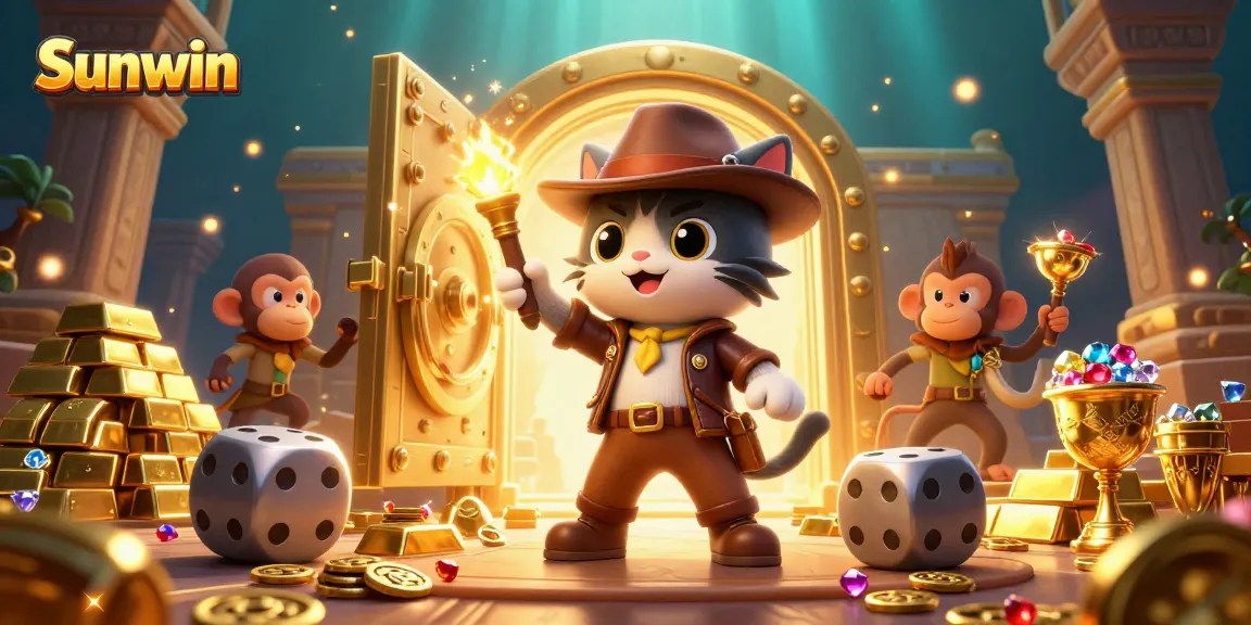 Sunwin players exploring a treasure vault with rich casino elements in a vibrant, dynamic scene.