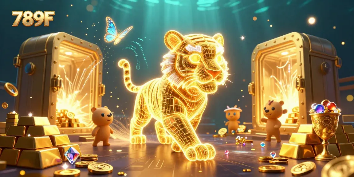 Engage with the vibrant world of 789F, featuring a golden tiger and holographic elements in a digital casino.
