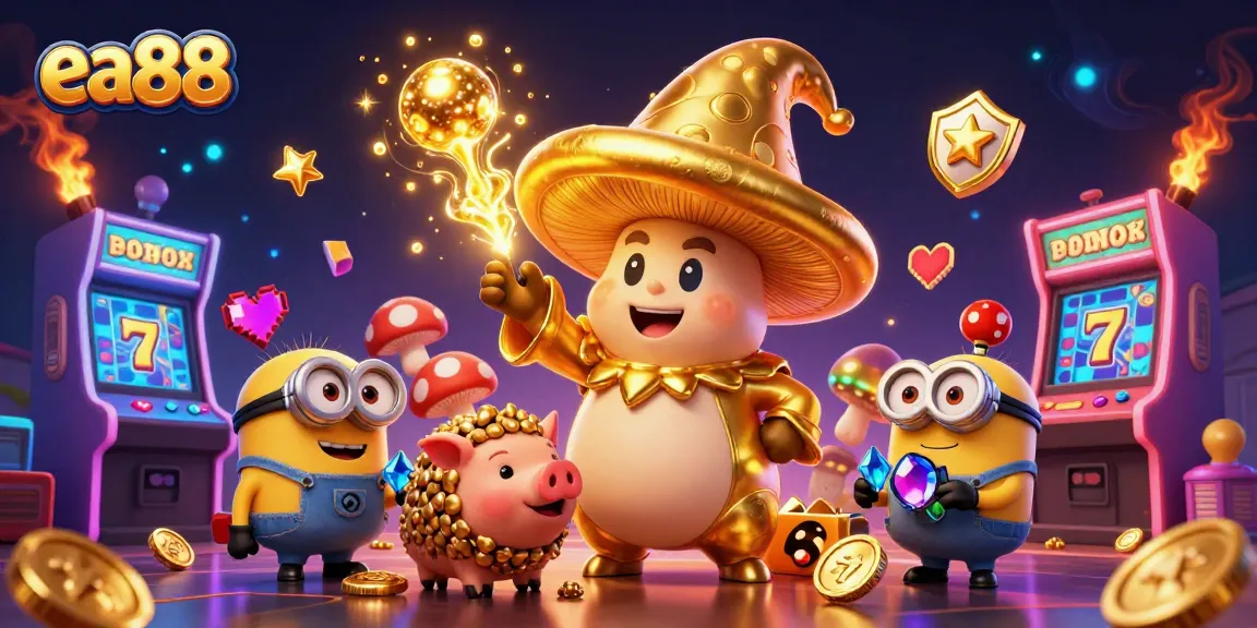 Experience the magic of ea88 with vibrant gaming elements and golden treasures in a thrilling 3D casino scene.