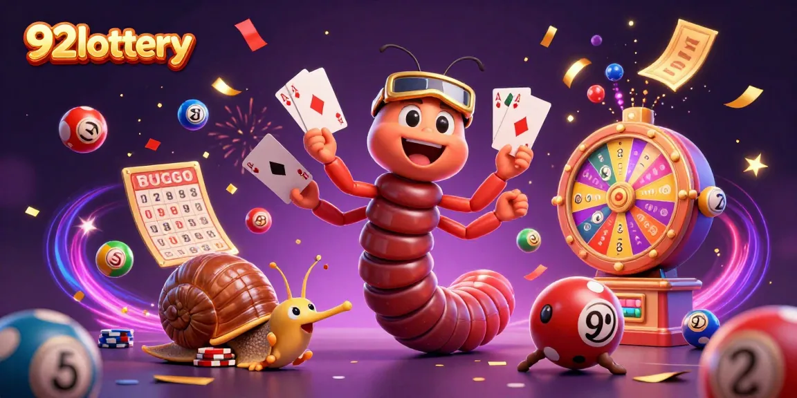 Join the excitement at 92lottery with a lively scene featuring lottery balls, a dealer, and vibrant elements.