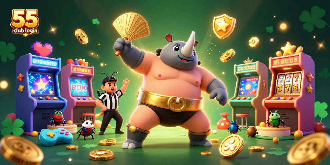 Engage with the 55 club login scene featuring a sumo beetle champion and vibrant casino game elements.